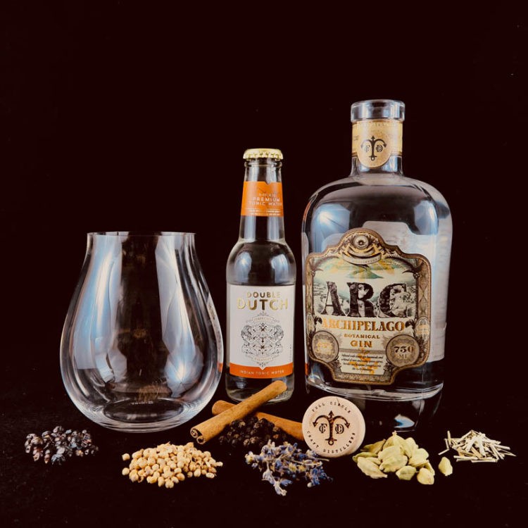 ARC Botanical Gin product bottles and ingredients